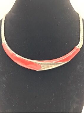 Vintage Red Silver Choker Necklace Chunky Statement Collar
